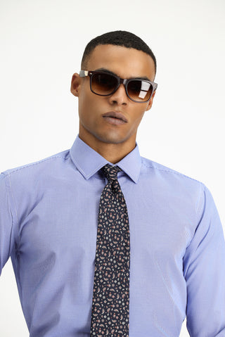 Saks Mavi Uzun Kol Slim Fit Dar Kesim Klasik Desenli Pamuklu Kolay Ütülenebilir Gömlek