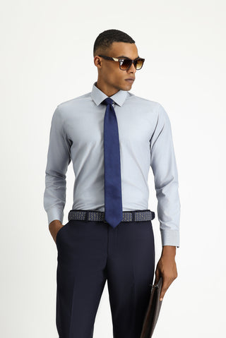 Koyu Lacivert Uzun Kol Slim Fit Klasik Yaka Pamuklu Kolay Ütülenebilir Desenli Gömlek