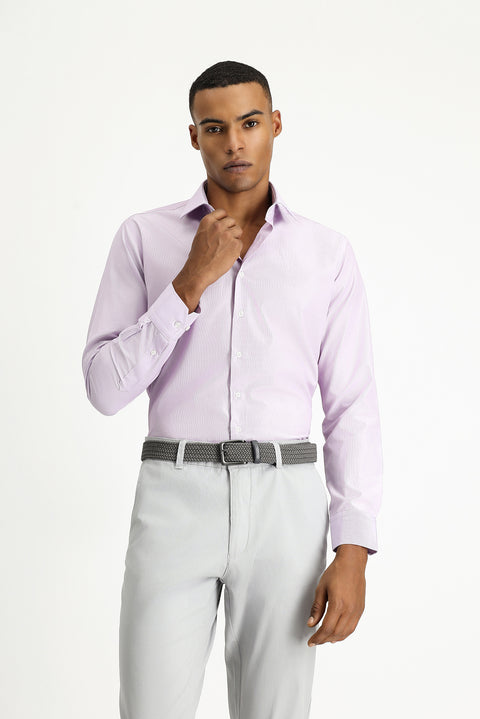 Toz Pembe Uzun Kol Slim Fit Klasik Yaka Pamuklu Kolay Ütülenebilir Desenli Gömlek
