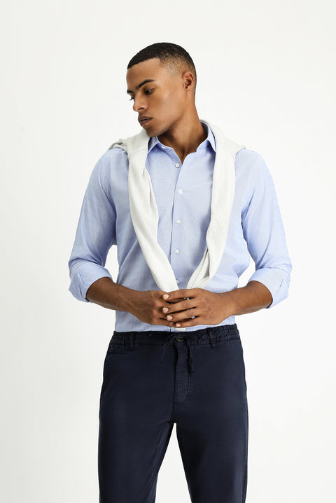 Light Blue Long Sleeve Slim Fit Narrow Cut Patterned Classic Cotton Easy-Iron Shirt