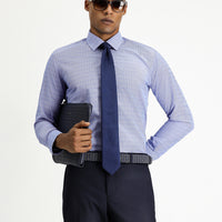 Saks Mavi Uzun Kol Slim Fit Dar Kesim Desenli Klasik Pamuklu Kolay Ütülenebilir Gömlek