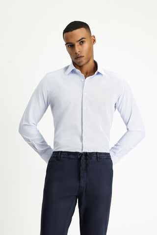 Açık Mavi Uzun Kol Slim Fit Klasik Yaka Pamuklu Kolay Ütülenebilir Desenli Gömlek