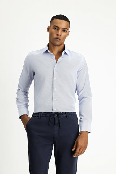 Koyu Mavi  Uzun Kol Slim Fit Dar Kesim Klasik Desenli Pamuklu Kolay Ütülenebilir Gömlek