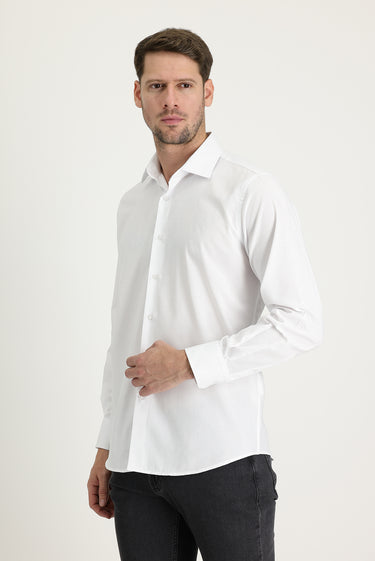 Beyaz Uzun Kol Klasik Desenli Pamuklu Kolay Ütülenebilir Gömlek