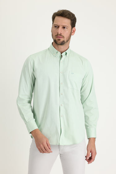 Su Yeşili Uzun Kol Regular Fit Desenli Pamuklu Kolay Ütülenebilir Düğmeli Yaka Gömlek