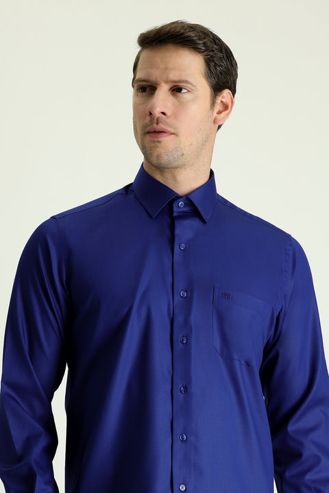 Medium Navy Long Sleeve Non-Iron Satin Classic Cotton Shirt