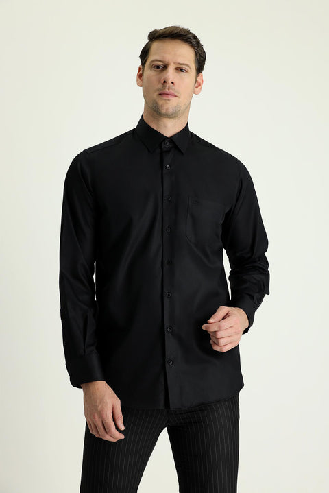 Black Long Sleeve Classic Non-Iron Satin Cotton Shirt