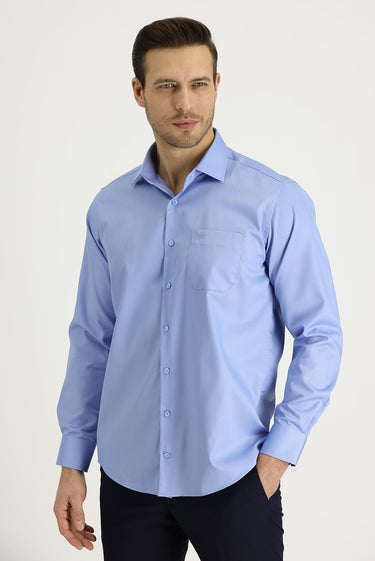 Açık Mavi Uzun Kol Klasik Non Iron Saten Pamuklu Gömlek