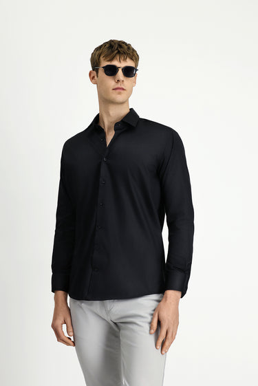 Siyah Uzun Kol Slim Fit Dar Kesim Non Iron Saten Pamuklu Gömlek