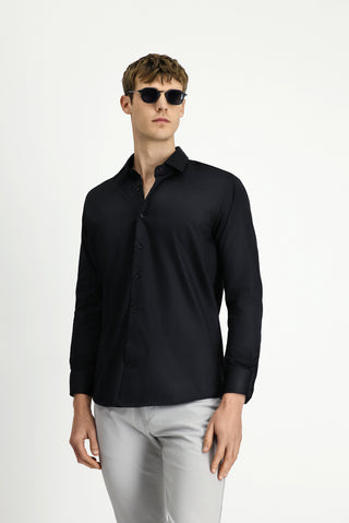 Siyah Uzun Kol Slim Fit Dar Kesim Non Iron Saten Pamuklu Gömlek