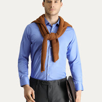 Aqua Mavisi Uzun Kol Slim Fit Dar Kesim Non Iron Saten Pamuklu Gömlek