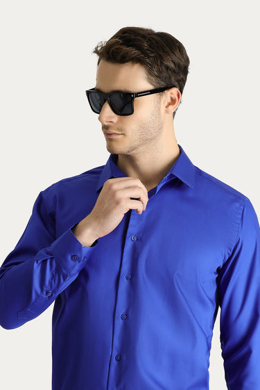 Saks Mavi Uzun Kol Slim Fit Dar Kesim Non Iron Saten Pamuklu Gömlek