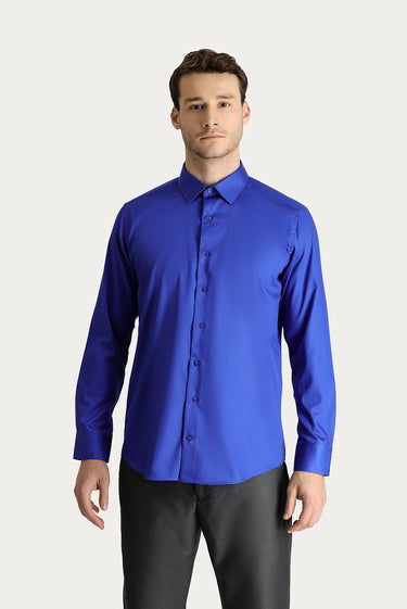 Saks Mavi Uzun Kol Slim Fit Dar Kesim Non Iron Saten Pamuklu Gömlek