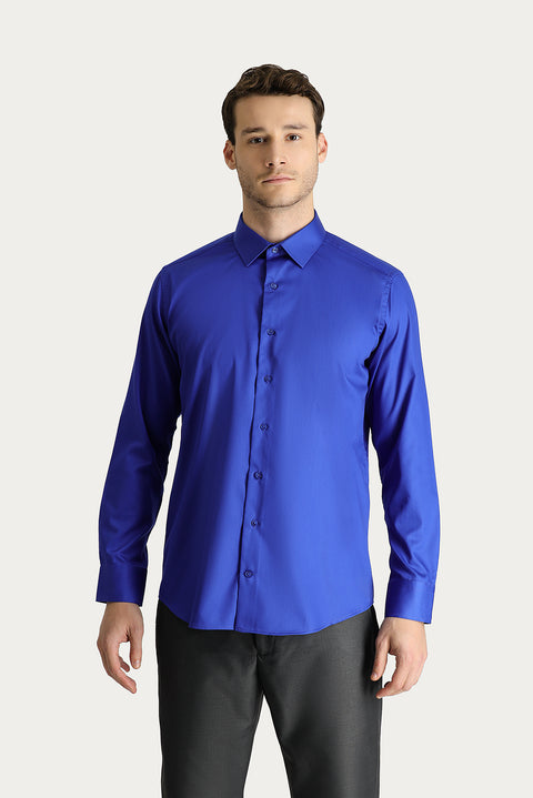 Navy Blue Long Sleeve Slim Fit Narrow Cut Non-Iron Satin Cotton Shirt