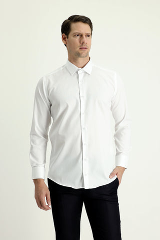 Beyaz Uzun Kol Slim Fit Dar Kesim Non Iron Saten Pamuklu Gömlek