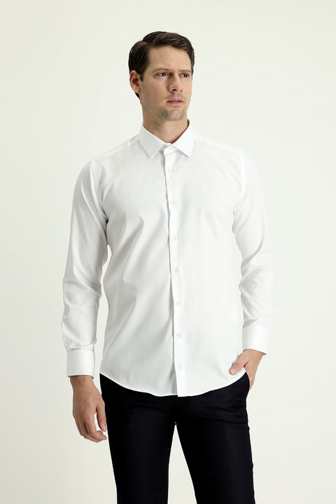 Beyaz Uzun Kol Slim Fit Dar Kesim Non Iron Saten Pamuklu Gömlek