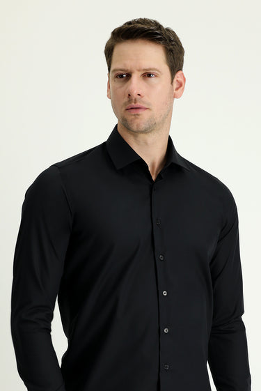 Siyah Uzun Kol Slim Fit Dar Kesim Non Iron Klasik Pamuklu Kolay Ütülenebilir Gömlek
