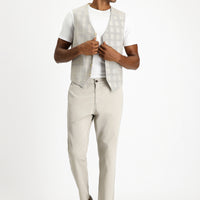 Orta Bej Slim Fit Dar Kesim Ekose Keten Karışımlı Klasik Yelek