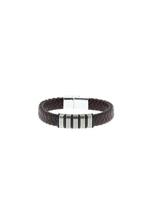 Dark Brown Leather Steel Bracelet