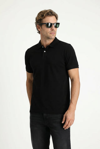 Siyah Polo Yaka Regular Fit Nakışlı Pamuk Tişört