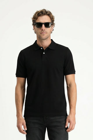 Siyah Polo Yaka Regular Fit Nakışlı Pamuk Tişört