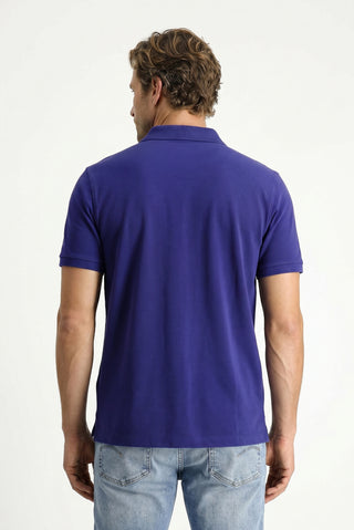 Orta Lacivert Polo Yaka Regular Fit Nakışlı Pamuk Tişört