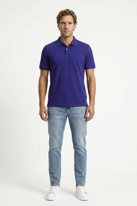 Medium Navy Polo Collar Regular Fit Embroidered Cotton T-Shirt