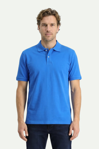 Saks Mavi Polo Yaka Regular Fit Nakışlı Pamuk Tişört