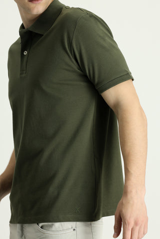 Orta Haki Polo Yaka Regular Fit Nakışlı Pamuk Tişört