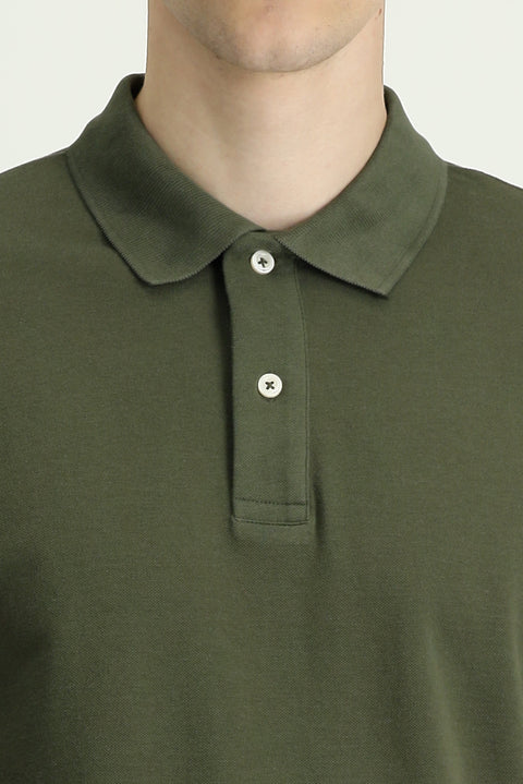 Orta Haki Polo Yaka Regular Fit Nakışlı Pamuk Tişört