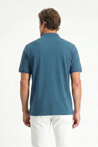 Orta Petrol Polo Yaka Regular Fit Nakışlı Pamuk Tişört