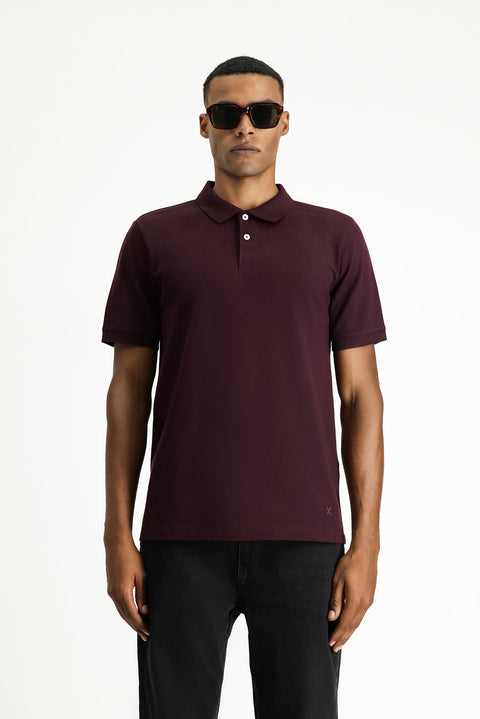 Dark Burgundy Polo Collar Regular Fit Embroidered T-Shirt
