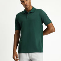 Koyu Yeşil Polo Yaka Regular Fit Nakışlı Pamuk Tişört