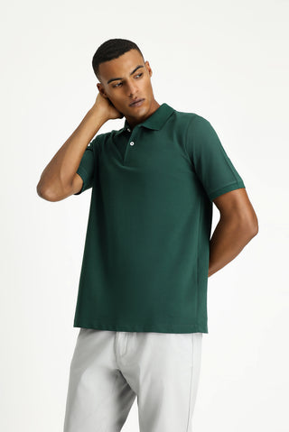 Koyu Yeşil Polo Yaka Regular Fit Nakışlı Pamuk Tişört