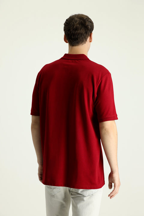 Koyu Kırmızı Polo Yaka Regular Fit Nakışlı Pamuk Tişört