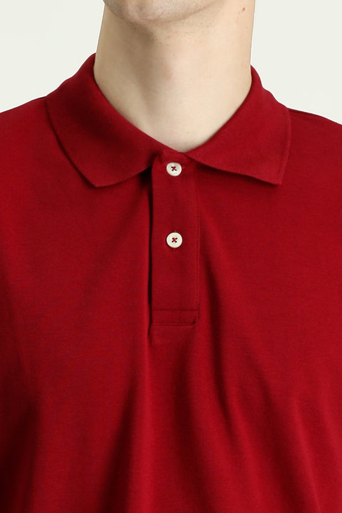 Koyu Kırmızı Polo Yaka Regular Fit Nakışlı Pamuk Tişört