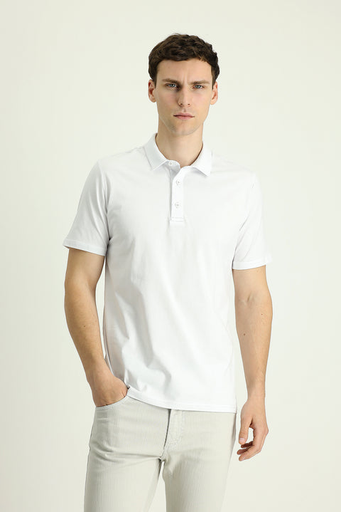 Beyaz Polo Yaka Regular Fit Nakışlı Süprem Pamuk Tişört