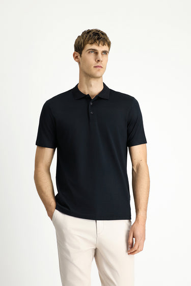 Siyah Polo Yaka Regular Fit Nakışlı Pamuklu Tişört