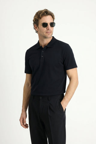 Siyah Polo Yaka Regular Fit Nakışlı Pamuklu Tişört