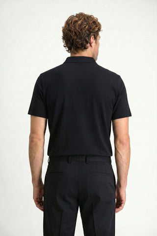 Siyah Polo Yaka Regular Fit Nakışlı Pamuklu Tişört