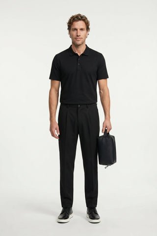 Siyah Polo Yaka Regular Fit Nakışlı Pamuklu Tişört