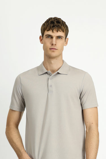 Orta Gri Polo Yaka Regular Fit Nakışlı Pamuklu Tişört