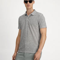 Medium Gray Mélange Polo Neck Regular Fit Embroidered Cotton T-Shirt