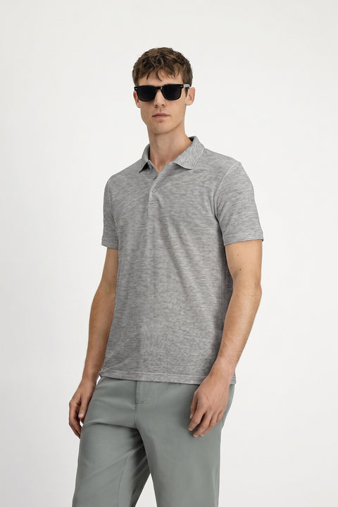 Medium Gray Mélange Polo Neck Regular Fit Embroidered Cotton T-Shirt