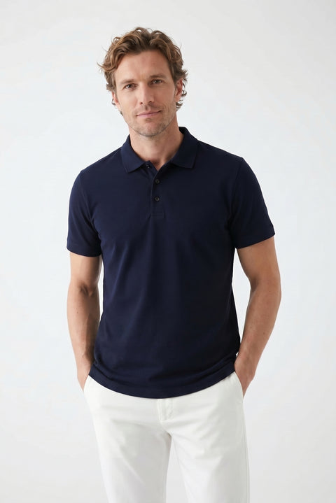 Medium Navy Polo Collar Regular Fit Embroidered Cotton T-Shirt