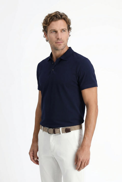 Medium Navy Polo Collar Regular Fit Embroidered Cotton T-Shirt