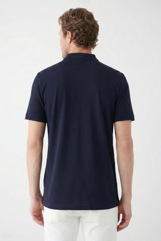 Orta Lacivert Polo Yaka Regular Fit Nakışlı Pamuklu Tişört