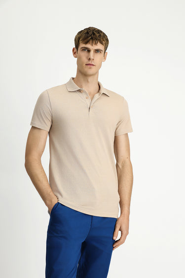 Orta Bej Polo Yaka Regular Fit Nakışlı Pamuklu Tişört