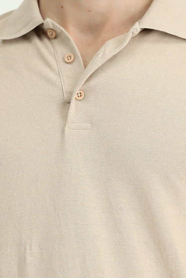 Orta Bej Polo Yaka Regular Fit Nakışlı Pamuklu Tişört