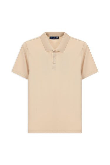 Orta Bej Polo Yaka Regular Fit Nakışlı Pamuklu Tişört